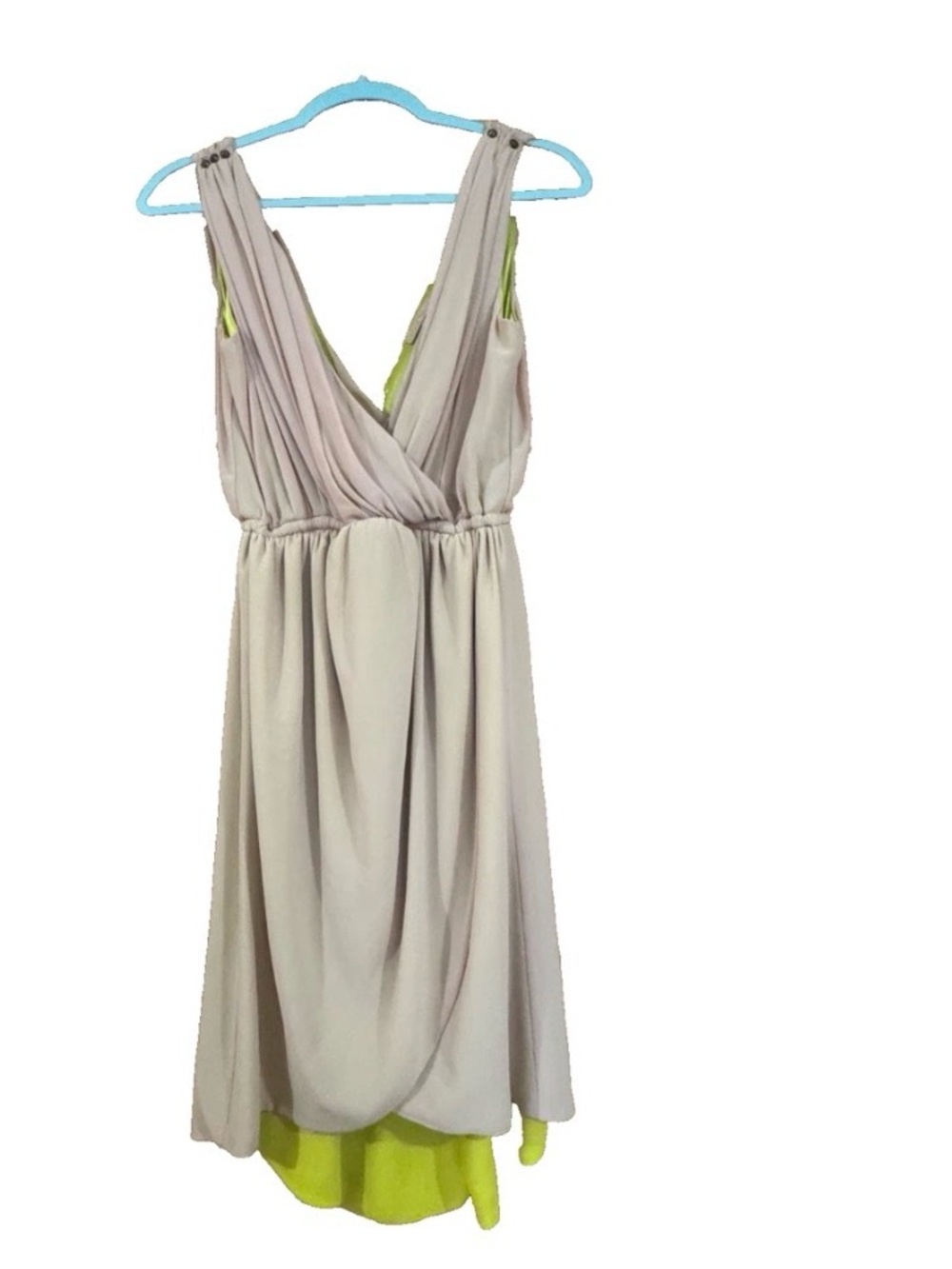 Gibson & Latimer Small Nude Beige Lime Green Pop Chiffon Dress Studded Shoulder